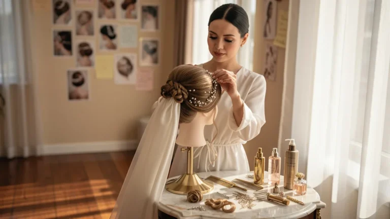 Idée coiffure mariage élégante avec styliste professionnelle ajustant un chignon sophistiqué en salon nuptial