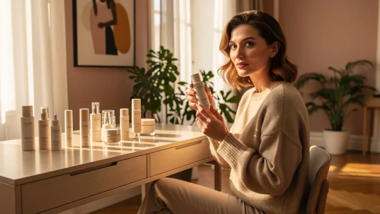 Femme élégante découvrant les produits Kan’s dans un intérieur moderne et lumineux, ambiance beauté et lifestyle
