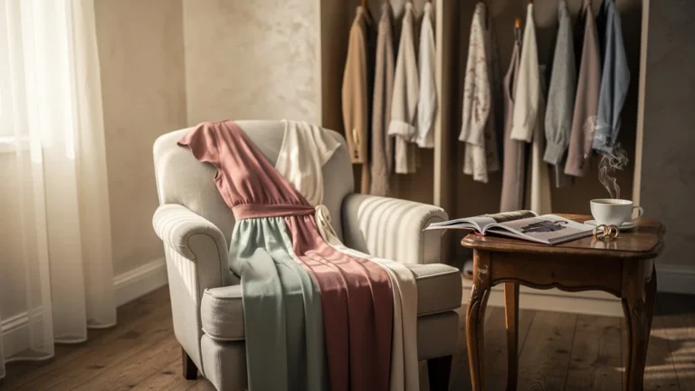Boudoir élégant avec robe confortable drapée, reflet du style d'invitée parfait et décontracté