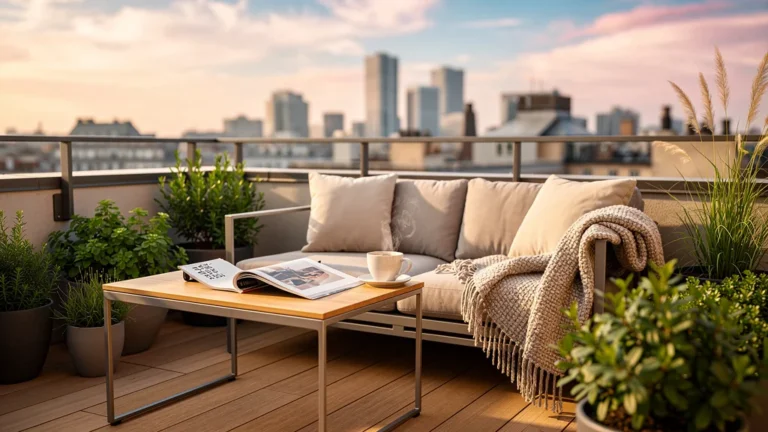 Toit-terrasse urbain ensoleillé évoquant l'avis mode Lemahieu 2024 par rédactrice lifestyle