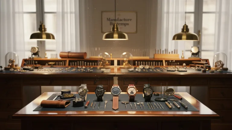 Atelier de manufacture Bontemps luxueux avec montres artisanales et ambiance élégante et raffinée