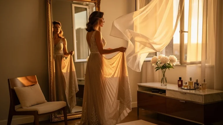 Femme élégante en robe longue unique préparée pour une saison entière de mariages dans une pièce lumineuse