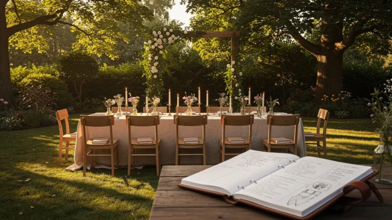 Préparation élégante et détaillée d'une cérémonie laïque en plein air avec décor naturel et ambiance lumineuse