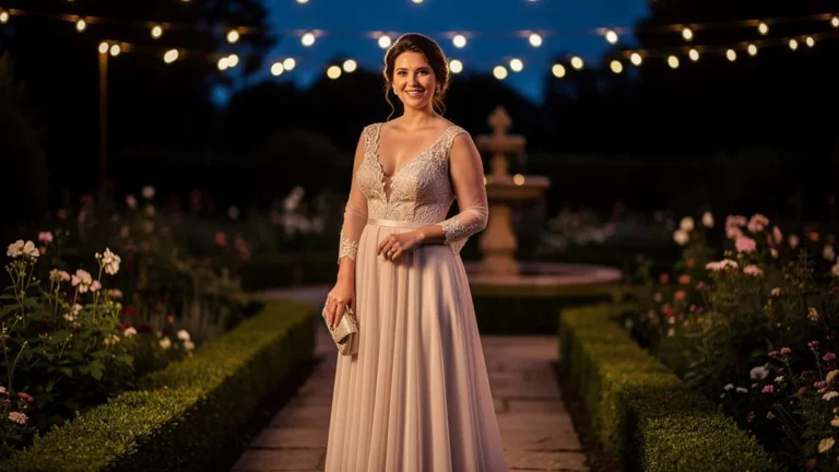 Femme élégante en robe soirée pour un mariage, confort et style après 8 heures de port