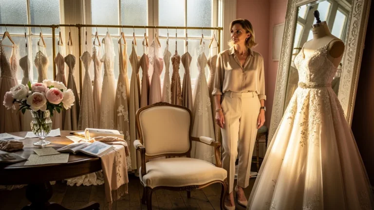 Boutique vintage avec robes de mariée seconde main élégantes et femme réfléchie, ambiance chaleureuse et lumière naturelle