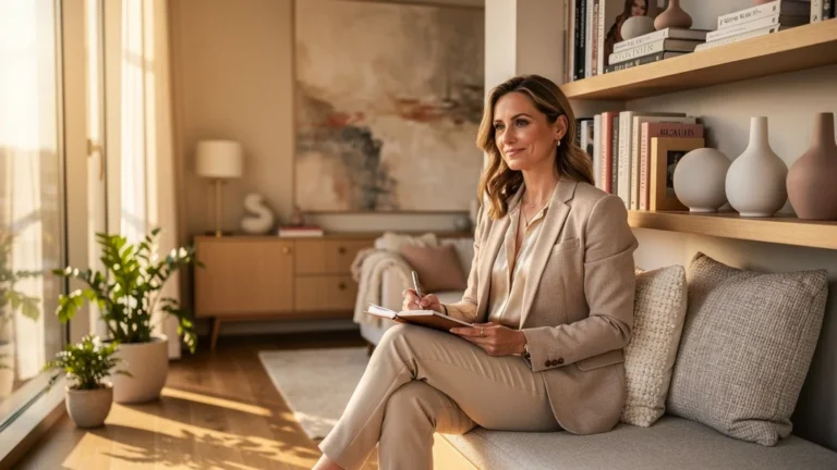 Portrait réaliste de Sophie Janiere, rédactrice mode et art de vivre, dans un intérieur élégant et lumineux