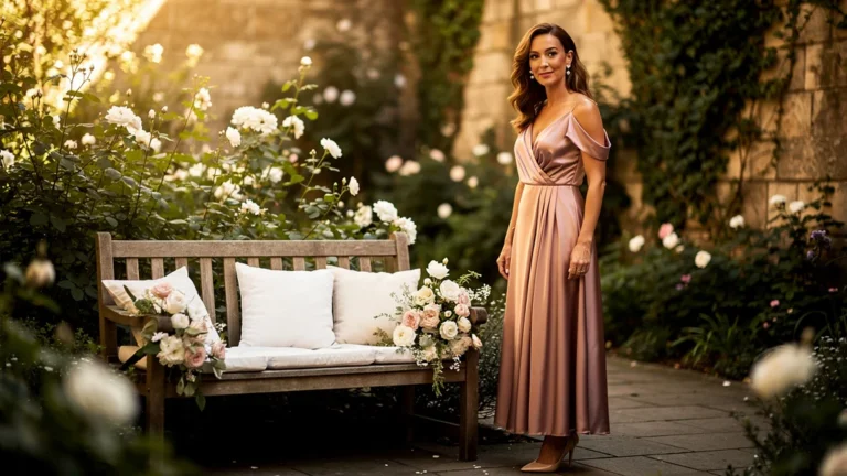 Femme élégante en tenue de mariage chic pour invité, ambiance jardin urbain en lumière naturelle