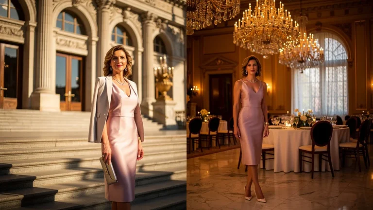 Femme élégante en tenue versatile pour mairie et dîner dansant, chic et sophistiquée à la fois
