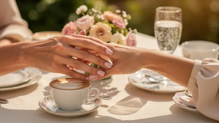 Mains féminines en semi-permanent impeccables lors d’un brunch après la cérémonie, vernis durable et brillant