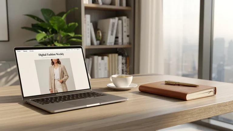 Espace de travail moderne et élégant pour rédactrice mode et lifestyle, ambiance calme et lumineuse